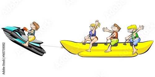Banana boat group of friends having fun on summer vacation - isolated on white
