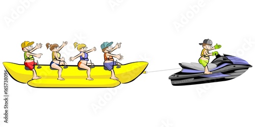 Banana boat group of friends having fun on summer vacation - isolated on white