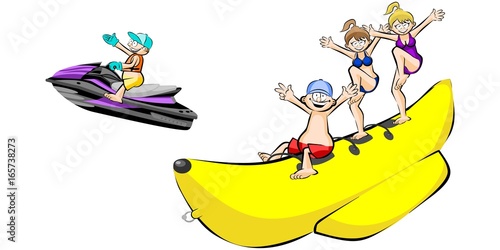 Banana boat group of friends having fun on summer vacation - isolated on white
