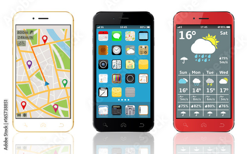 Mobile phones with widgets and icons isolated on white background with reflection