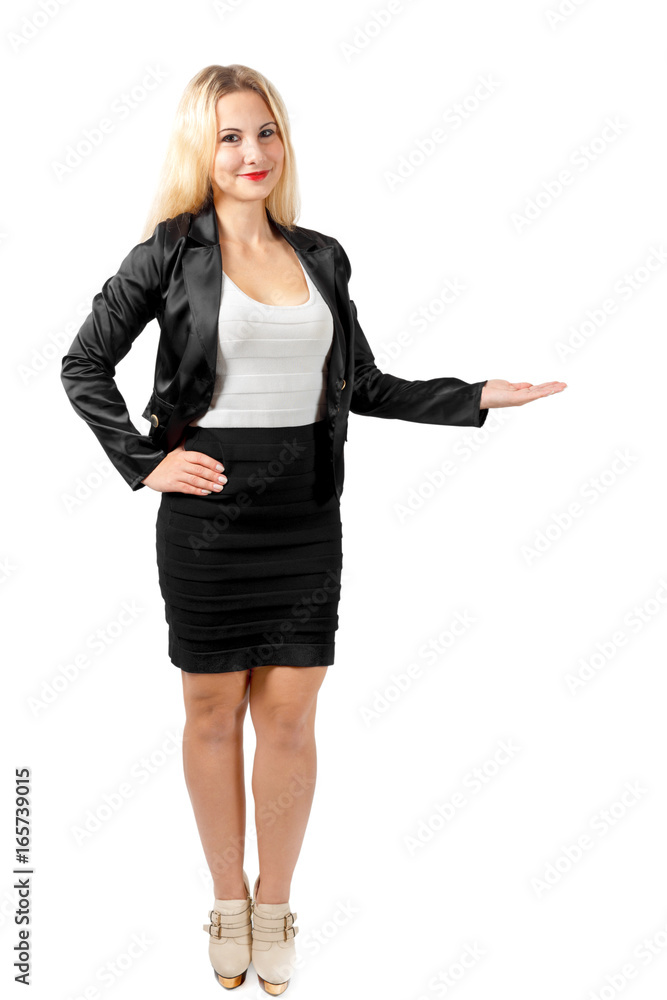 smiling businesswoman showing something with her left hand smiling businesswoman showing something with her left hand