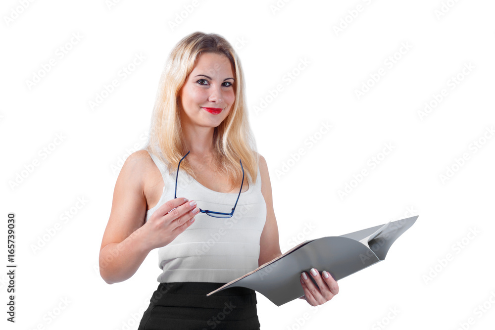 Smiling girl in office clothes with folder and glasses isolated on white background Smiling girl in office clothes with folder and glasses isolated on white background