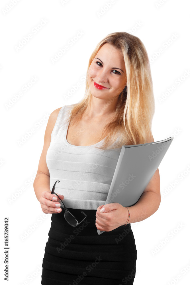 Smiling girl in office clothes with folder and glasses isolated on white background Smiling girl in office clothes with folder and glasses isolated on white background