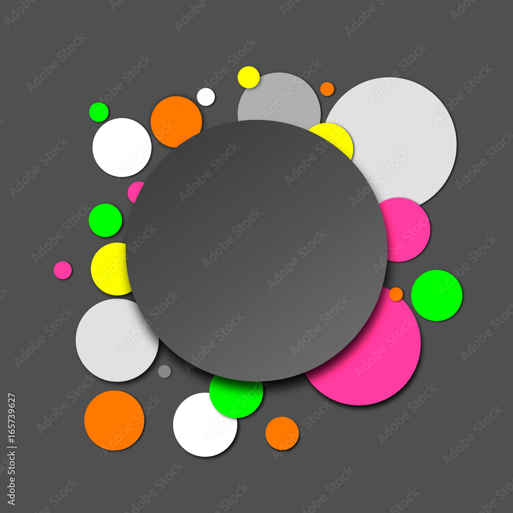 Colorful paper circles in neon and grey shades, abstract vector background with 3D effect.