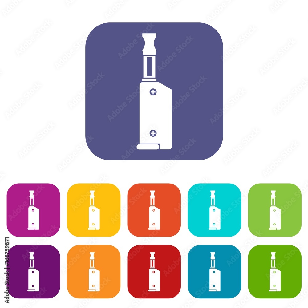 Electronic cigarette with mouthpiece icons set Electronic cigarette with mouthpiece icons set