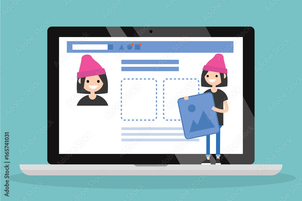 Edit your profile. Conceptual illustration. Young female character uploading a photo on her social media profile / flat vector illustration, clip art Edit your profile. Conceptual illustration. Young female character uploading a photo on her social media profile / flat vector illustration, clip art