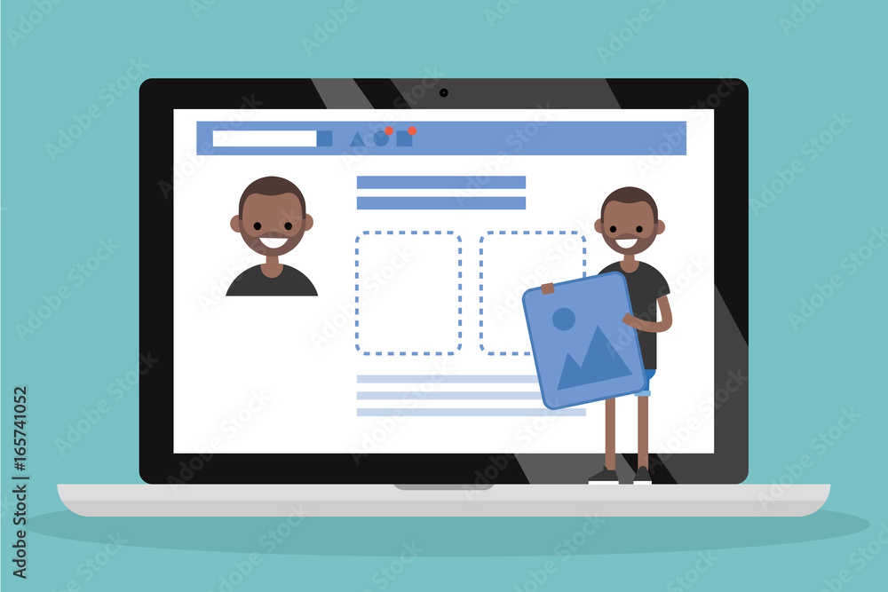 Edit your profile. Conceptual illustration. Young black character uploading a photo on his social media profile / flat vector illustration, clip art Edit your profile. Conceptual illustration. Young black character uploading a photo on his social media profile / flat vector illustration, clip art