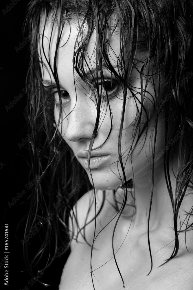 beautiful woman with wet hair looking at camera, monochrome beautiful woman with wet hair looking at camera, monochrome