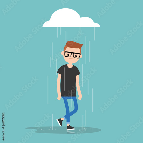 Young character weeping in the rain / flat editable vector illustration, clip art