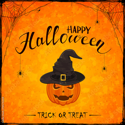 Halloween theme with pumpkin in witch hat on orange background