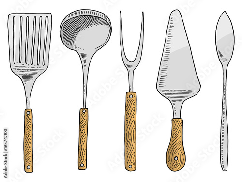 spatula for hot, caviar and dessert, fork for herring or ladle. Chef and kitchen utensils, cooking stuff for menu decoration. engraved hand drawn in old sketch and vintage style.