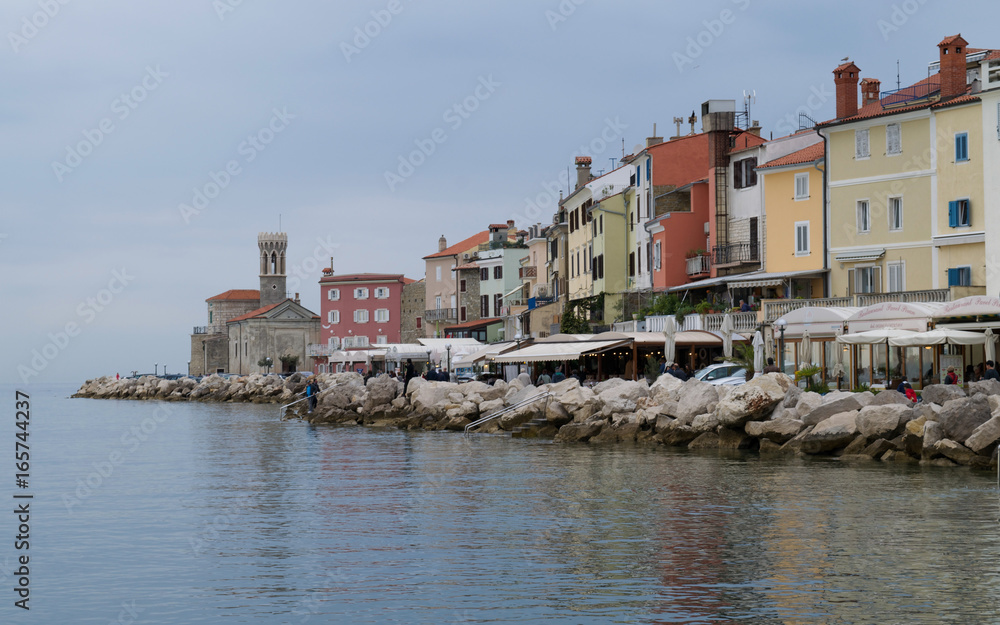Colourful buildings along the waterfront in Piran, Slovenia