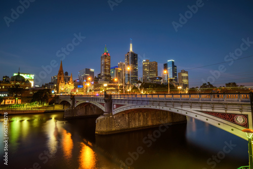 Skyline of Melbourne downtown, Princess Bridge and Yarra River at night