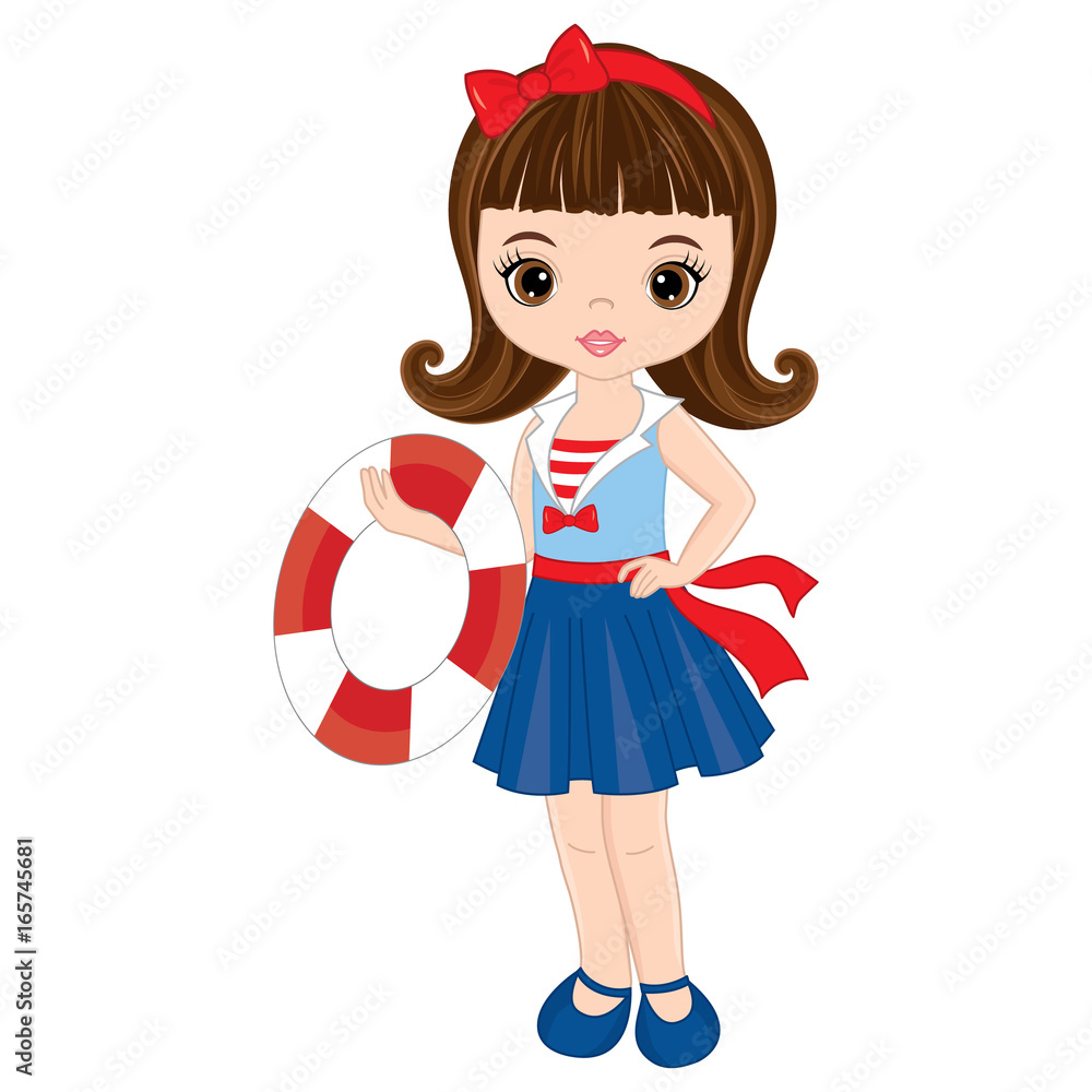 Vector Cute Little Girl with Buoy. Vector Nautical Girl Vector Cute Little Girl with Buoy. Vector Nautical Girl