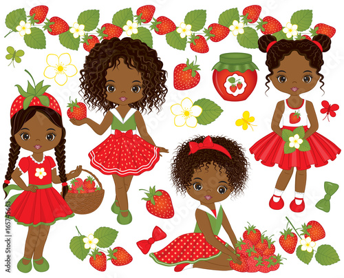Vector Set with Cute Little African American Girls and Strawberries