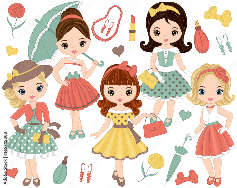 Fototapeta Vector Set with Cute Little Girls in Retro Style and Fashion Accessories