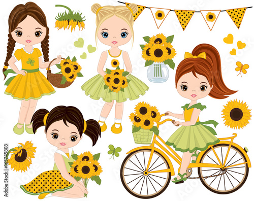 Vector Set with Cute Little Girls, Bicycle with Basket and Sunflowers