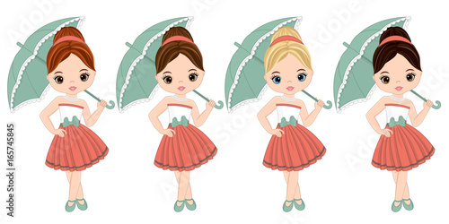 Vector Cute Little Girls with Various Hair Colors in Retro Style