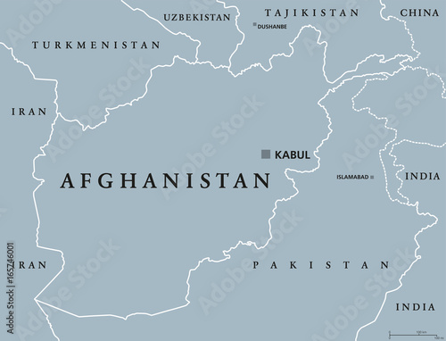 Afghanistan political map with capital Kabul and borders. Islamic Republic and landlocked country in South and Central Asia. Gray illustration. English labeling. Vector.