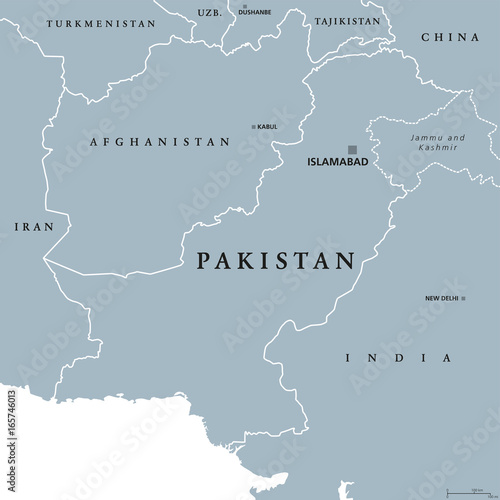 Pakistan political map with capital Islamabad and borders. Islamic Republic and country in South Asia and on the Arabian Sea. Gray illustration with English labeling. Vector.