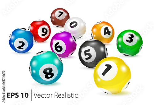 Vector Colorful Bingo balls lie in random order. Lottery Number Balls. Colored balls isolated. Bingo ball. Bingo balls with numbers. Realistic vector. Vector isolated illustration.