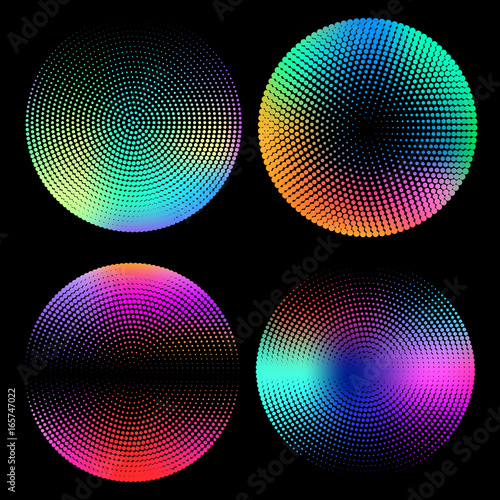 Geometric halftone circle set with holographic gradients. Minimal design backgrounds. Holographic shapes. Vector illustration