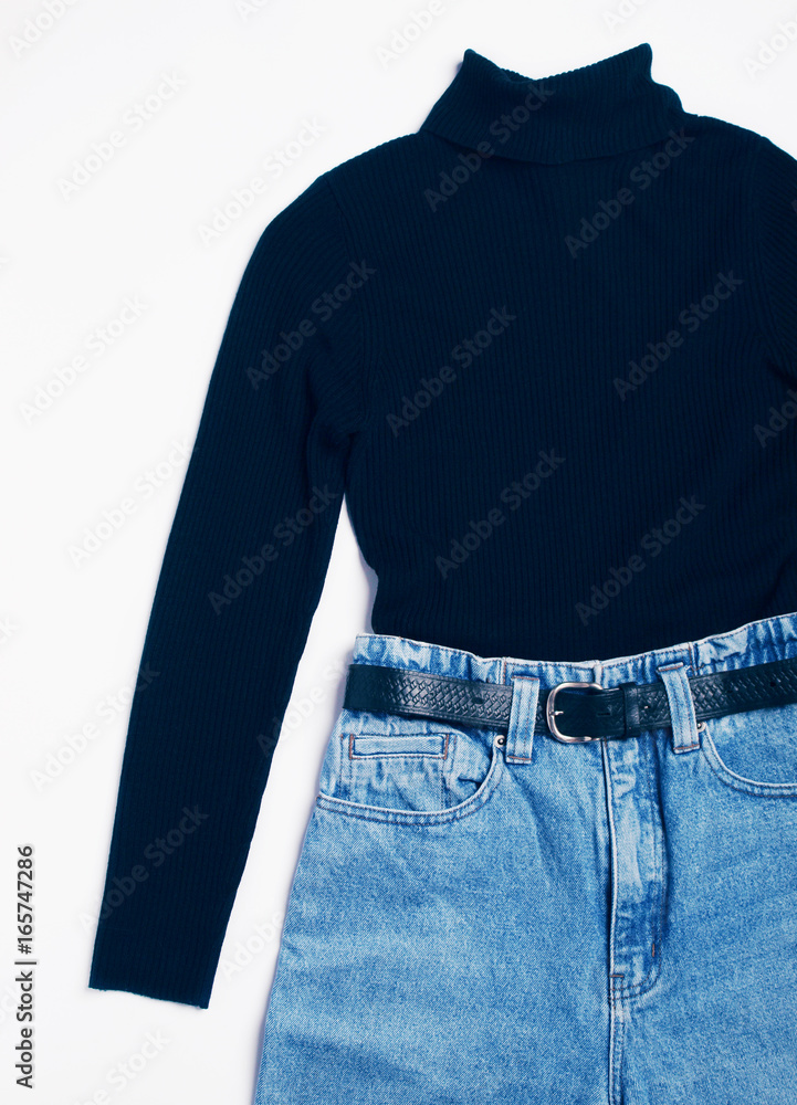 Forud type I detaljer Kirkegård Woman's autumn winter outfit with blue vintage high waisted mom jeans and  black belt and black turtleneck on white background. Flat lay. Top view  Stock Photo | Adobe Stock