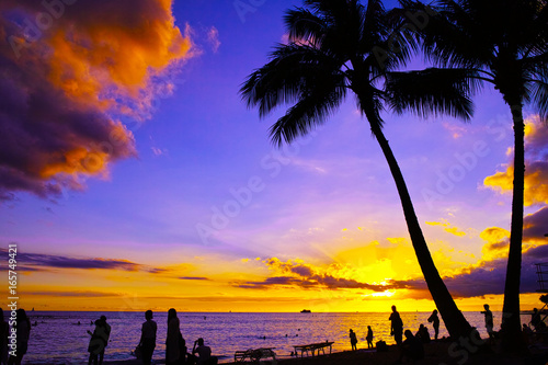 ハワイ ワイキキビーチからの夕日
