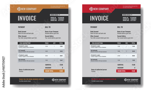 Set of Invoice template sample with trendy minimalism design.