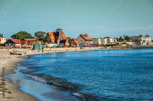 Hel,Poland-September 6,2016:Resort town of Hel in Pomerania, Poland, promenade and beach at Baltic Sea, popular vacation destination