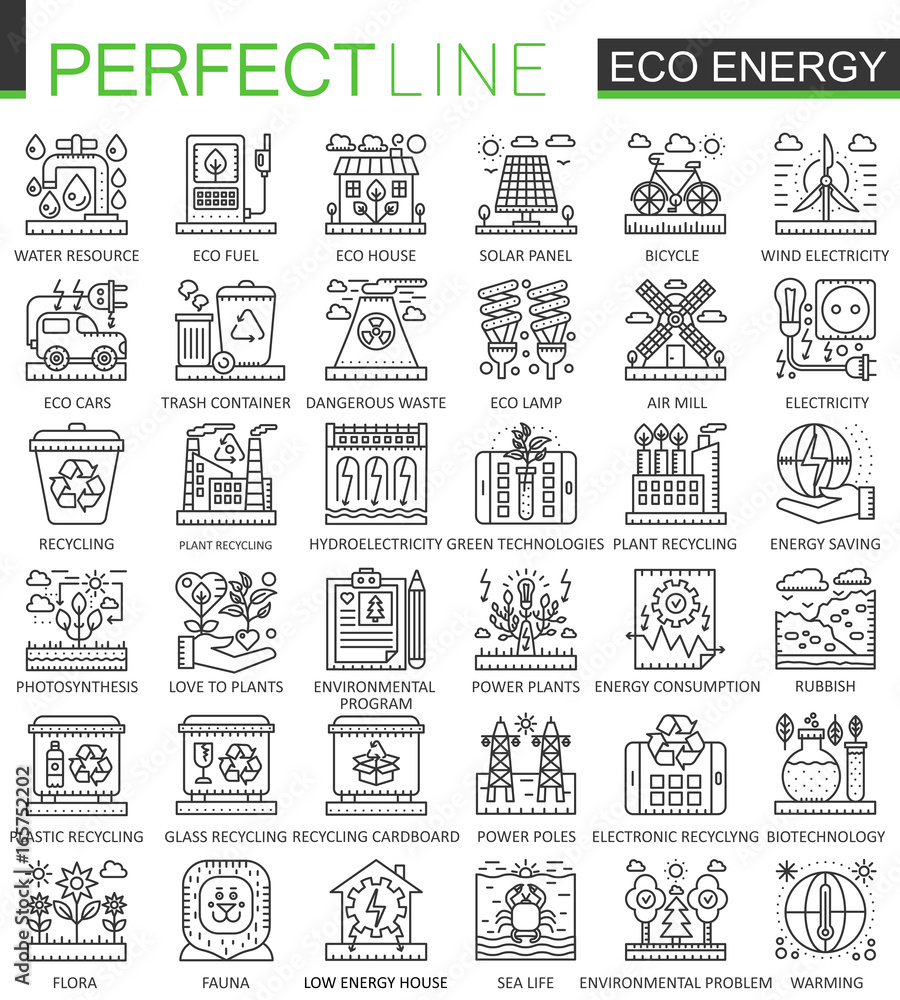 Eco energy outline mini concept symbols. Renewable green technology modern stroke linear style illustrations set. Perfect thin line icons.