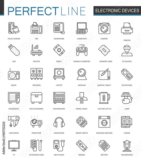 Electronic device thin line web icons set. Gadgets devices outline stroke icons design.
