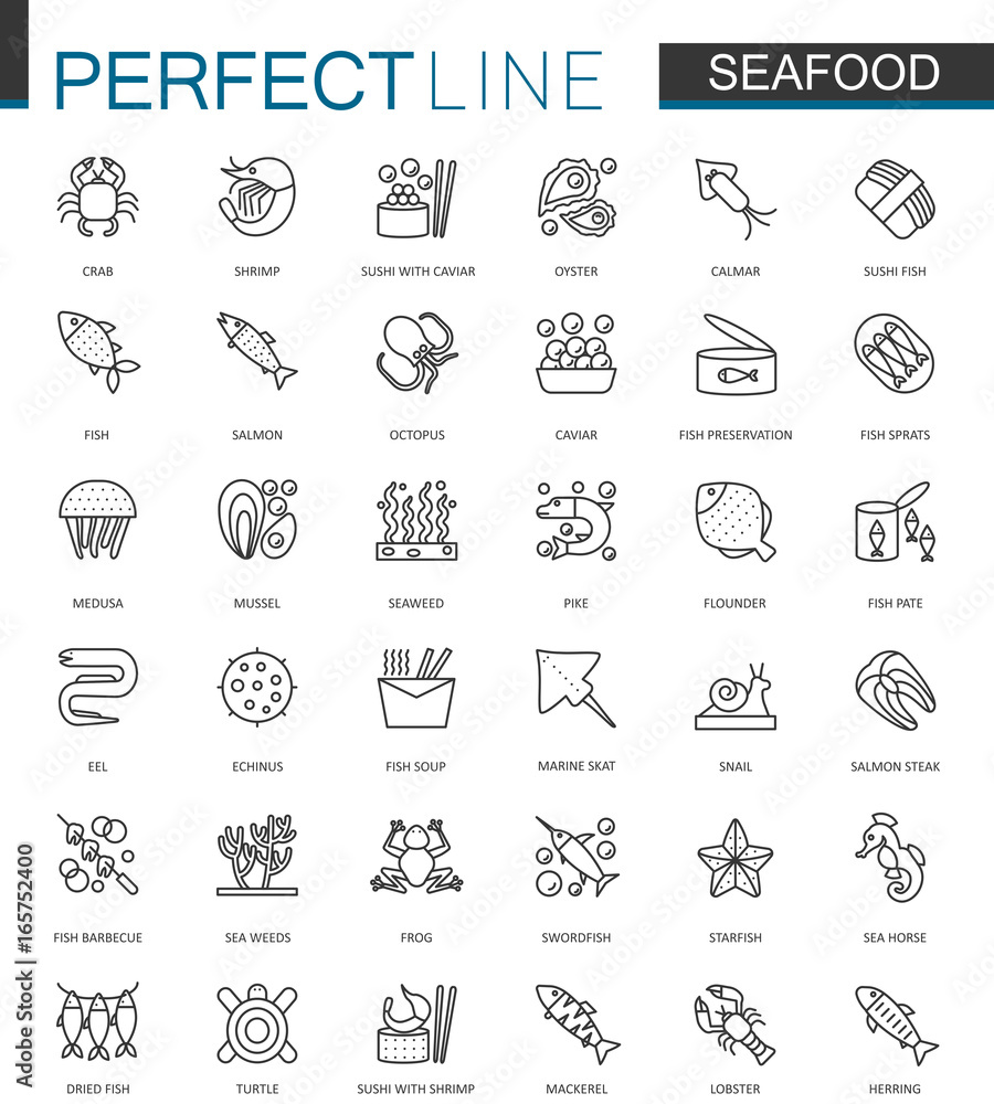 Seafood thin line web icons set. Fish food for restaurant menu outline stroke icons design.
