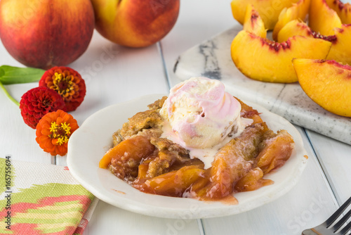Delicious homemade peach cobbler.