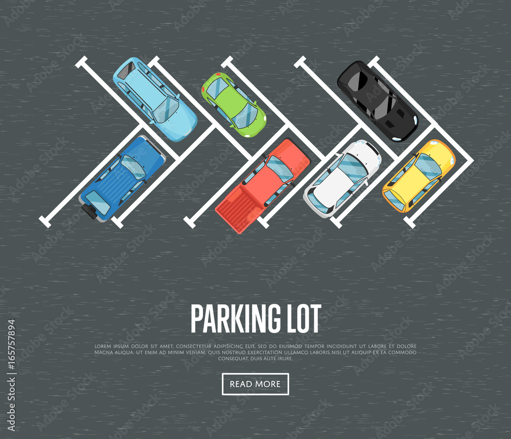 Vecteur Stock Parking lot poster in flat style. Urban traffic concept, top  view parked cars in parking zone, outdoor auto park, free public parking,  city transport services. Highway code banner vector illustration.