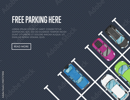 Free parking here poster in flat style. Urban traffic concept, top view parked cars in parking zone, outdoor auto park, public parking lot, city transport services vector illustration.