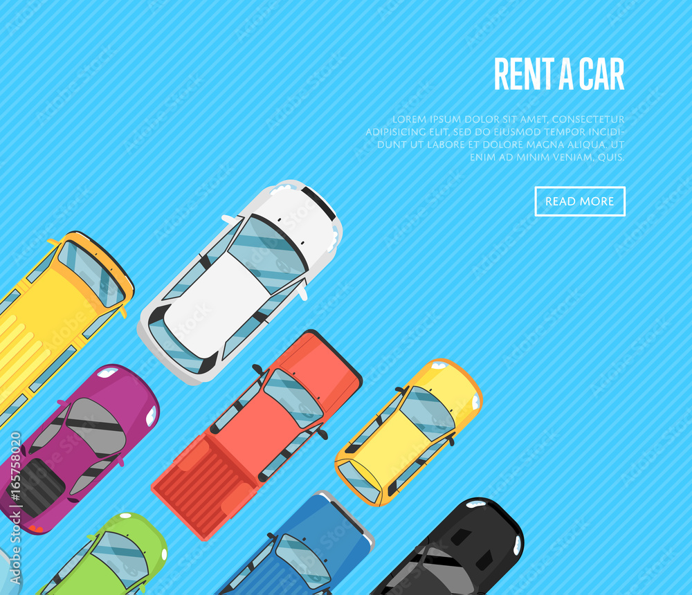 Rent a car poster with top view city cars. Auto business advertising, test drive concept