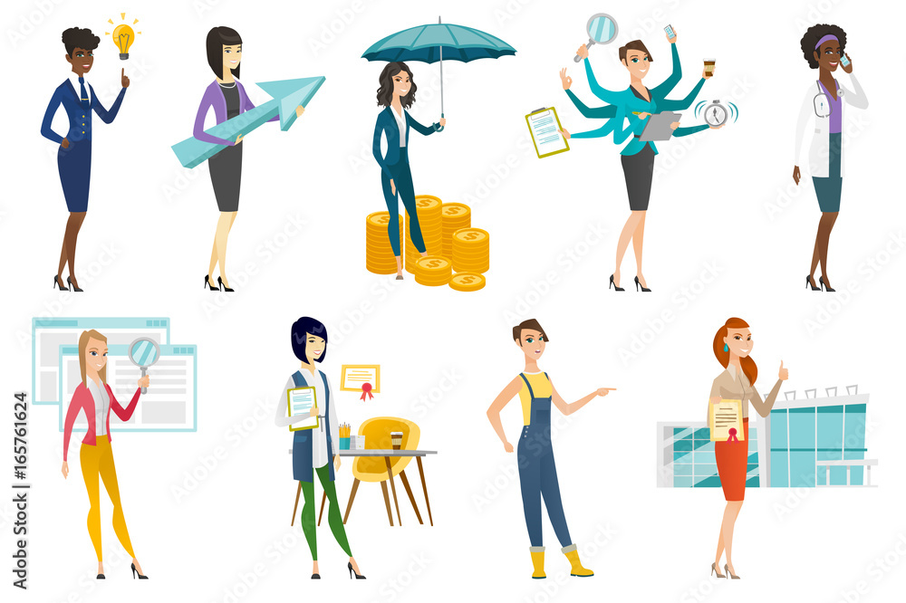 Business woman, stewardess, doctor profession set. Business woman, stewardess, doctor profession set.