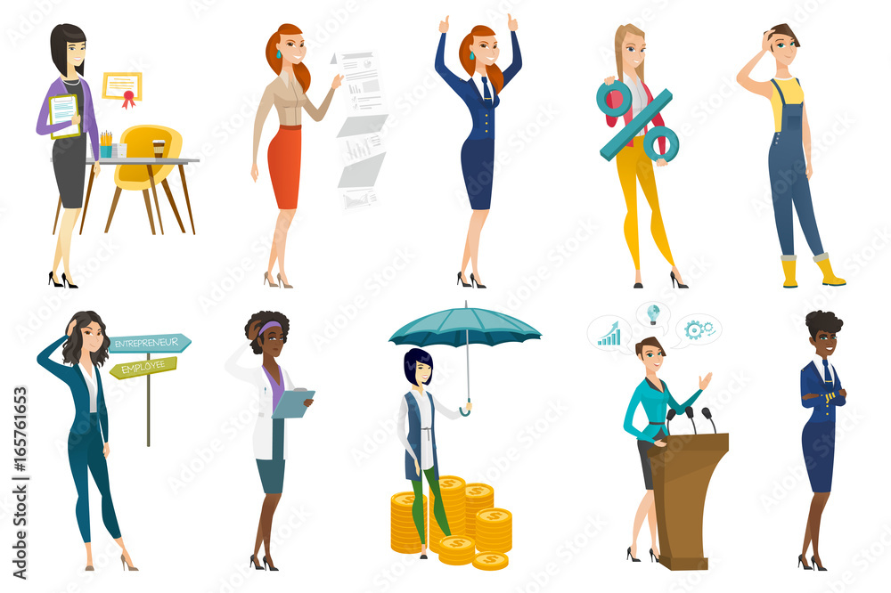 Business woman, stewardess, doctor profession set. Business woman, stewardess, doctor profession set.