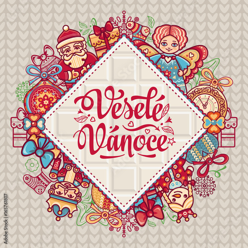 Vesele Vanoce. Christmas message. Lettering composition with phrase on Czech 