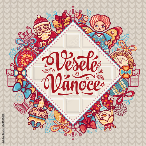 Vesele Vanoce. Christmas message. Lettering composition with phrase on Czech 