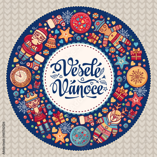 Vesele Vanoce. Christmas message. Lettering composition with phrase on Czech 