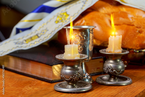 Принти на полотні Shabbat Shalom Traditional Jewish Sabbath ritual challah bread, wine