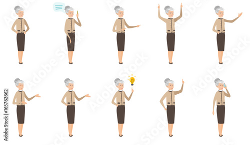 Caucasian business woman vector illustrations set.