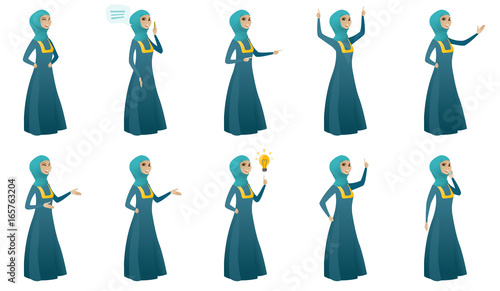 Muslim business woman vector illustrations set.