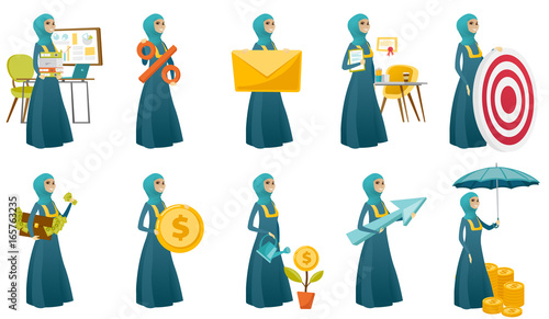 Muslim business woman vector illustrations set.