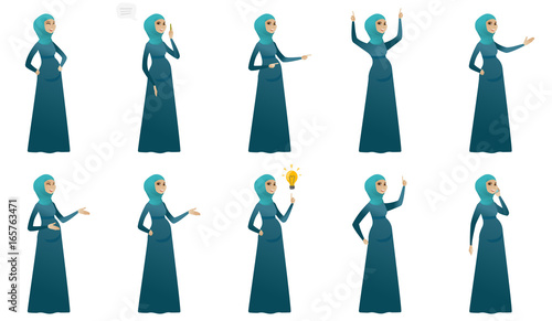 Muslim pregnant woman vector illustrations set.