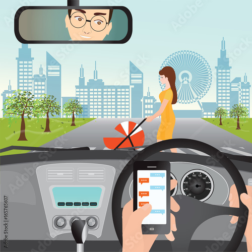 Man using smartphone while driving the car when woman with a stroller.