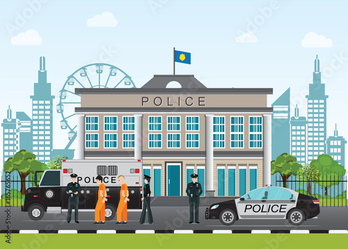 Police station with police officer and police car .