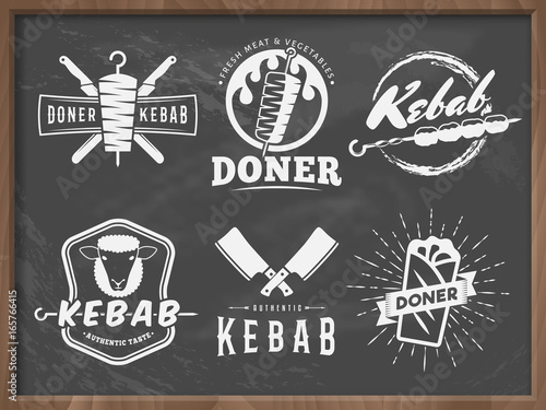 Doner kebab logos. Vector kebab badges with traditional eastern grill dishes on the chalkboard background. Vintage labels for restaurant or bar.